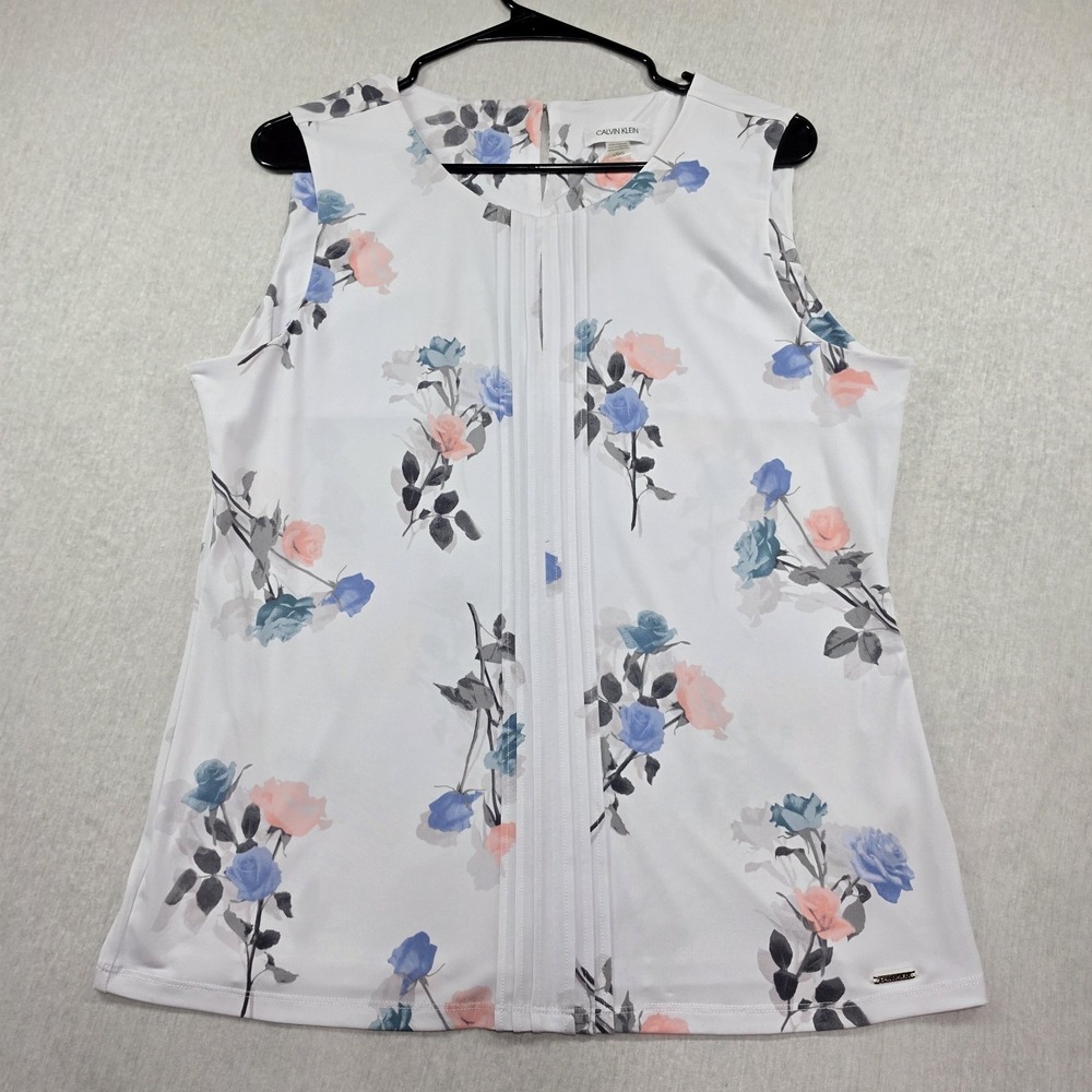 Calvin Klein White Floral Pleated Front Tank Top Blouse Size Large Cottagecore